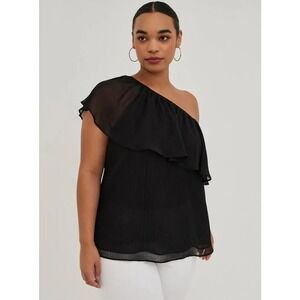 NWT Torrid 1 One-Shoulder Ruffle Blouse - Crinkle Chiffon & Lurex Deep Black